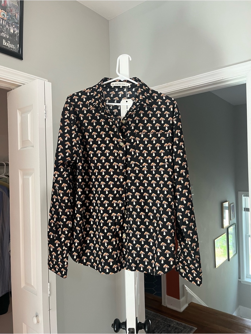 Black Mushroom-Print Button-Up Women’s Top